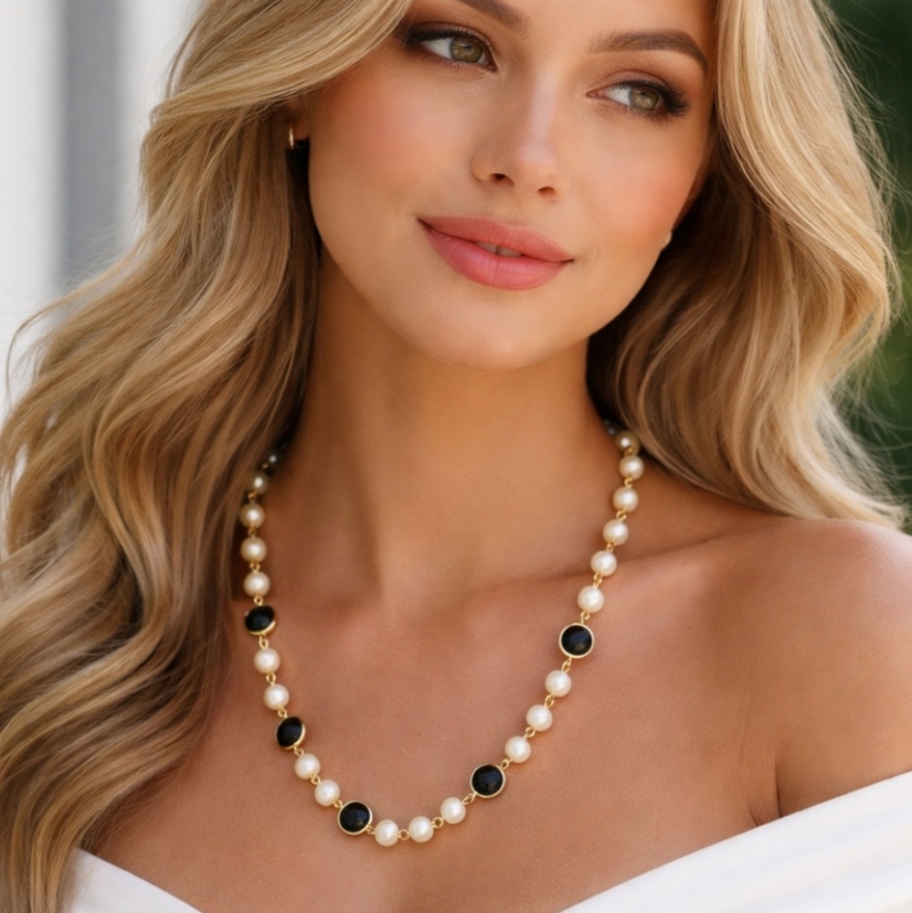 1928 Gold Pearl Black Stone Necklace New